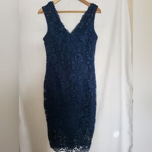 Le Chateau Elegant Navy Lace Sheath Dress - Sleeveless V-Neck Women 14